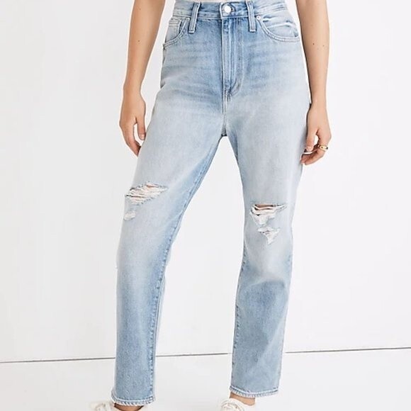 Madewell Jeans Momjean Gilford Wash Ripped Edition High Rise Denim Light Blue - Picture 1 of 11